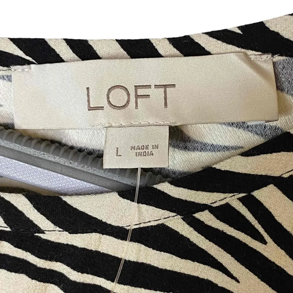 New LOFT Womens‎ Black Beige Zebra Print Cinched Puff Sleeve Size Large